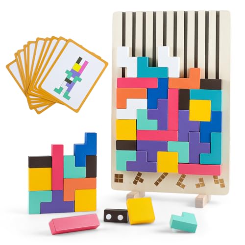 Holz Steckpuzzle Bausteine, 42 Teile 10 Karten Montessori Spielzeug Geometrische Formen Zuordnungsspiel, Pädagogisches STEM Lerngeschenk für Kinder ab 3+, Knobelspiel für Logisches Denken Ungiftiges von Aischens