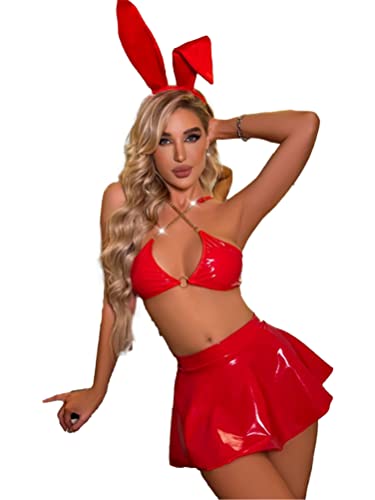 Aislor 3 Stück Sexy Bunny Kostüm Damen Halloween Cosplay Lack Leder Dessous Set BH Lederrock mit Hasenohren Nachtwäsche Clubwear Rot M von Aislor