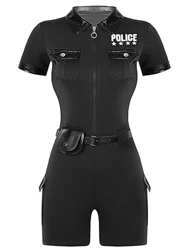 Aislor 3Pcs Polizistin Kostüm Damen Polizei Officer Uniform Einteilig Overall Bodysuit mit Gürtel Hüfttasche Cop Costume Halloween Karneval Kostüm Schwarz M von Aislor