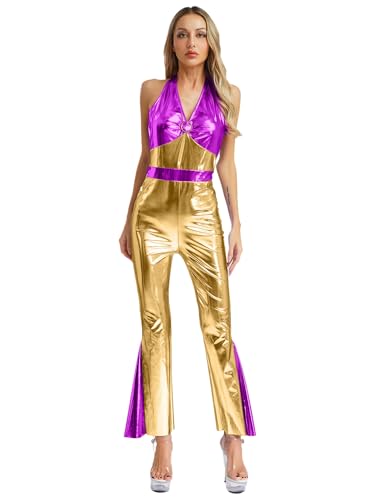 Aislor 70er Jahre Damen Disco Kostüm Halloween Metallic Jumpsuit Rückenfrei Bodysuit Ärmellos Farbblock Overall Karnevalskostüm Mottopartys Gold S von Aislor