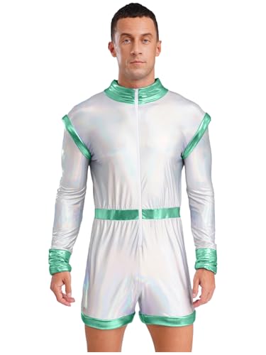 Aislor Alien Kostüm Herren Halloween Metallic Overall Langarm Bodysuit Astronauten Kostüme Raumfahrer Kostüm Festival Outfit Faschingskostüm See Grün L von Aislor