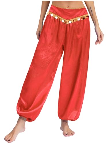 Aislor Arabische Hose Damen Bauchtanz Kostüm Halloween Harem Hosen Tanzhose Indien Arabischer Tanz Stammeshose Festival Outfit Karnevalskostüm Rot XL von Aislor