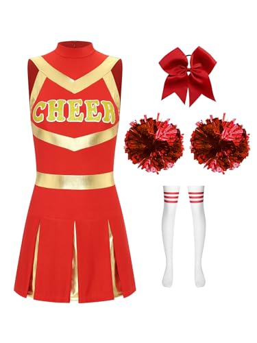 Aislor Cheer Leader Kostüm Damen Ärmellose Cheerleadering Kleid mit Socken Pompons Cheerleaderin Outfit Karneval Party Tanzkleid Rot A L von Aislor