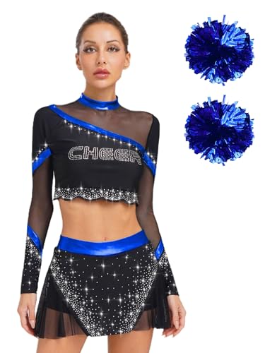 Aislor Cheer Leader Kostüm Damen Halloween Glitzer Cheerleading Uniform Langarm Crop Top Und Minirock Farbblock Tanzkostüm Karneval Kostüm Xa Königsblau XL Aislor Cheer Leader Kostüm Damen Halloween Glitzer Cheerleading Uniform Langarm Crop Top Und Minirock Farbblock Tanzkostüm Karneval Kostüm Xa Königsblau XL von Aislor
