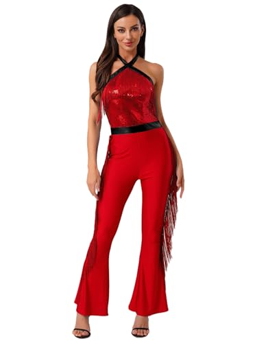 Aislor Damen 70er Disco Kostüm Glitzer Jumpsuit mit Pailletten und Quasten Ärmellos Rückenfrei Overall Halloween Karnevalskostüm Rave Outfit Clubwear Rot L Aislor Damen 70er Disco Kostüm Glitzer Jumpsuit mit Pailletten und Quasten Ärmellos Rückenfrei Overall Halloween Karnevalskostüm Rave Outfit Clubwear Rot L von Aislor