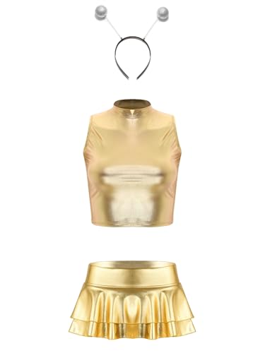 Aislor Damen Alien Kostüm Metallic Glitzer Armellos top mit Mini Tütü Rock und Haarreif disco kostüm Clubwear Karneval Fasching Mottoparty Cosplay Gold L von Aislor