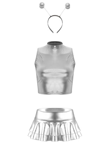 Aislor Damen Alien Kostüm Metallic Glitzer Armellos top mit Mini Tütü Rock und Haarreif disco kostüm Clubwear Karneval Fasching Mottoparty Cosplay Silber XXL von Aislor