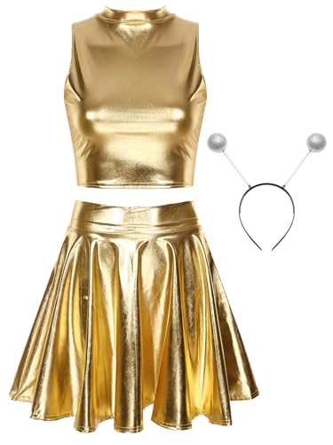 Aislor Damen Alien Kostüm Space Girl Karneval Cosplay Kostüm Glänzend Crop Top mit Metallic Falten Minirock Stirnband Clubwear Rave Outfit Mottoparty Gold S von Aislor