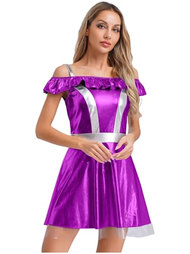 Aislor Damen Alien Kostüm Space Girl Kleid Halloween Metallic A Linien Kleid Ärmellos Schulterfrei Minikleid Karneval Faschingskostüm Mottopartys Lila L von Aislor