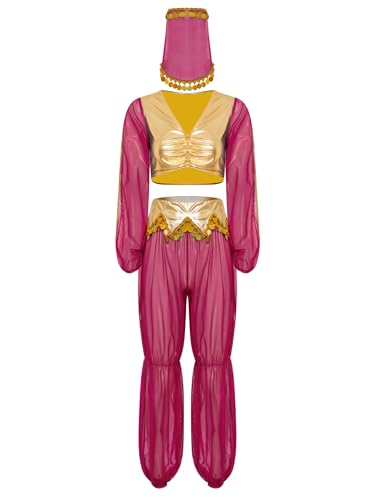 Aislor Damen Arabische Prinzessin Kostüm Halloween Cosplay Set 3-teiliges Bauchtanz kostüm Metallic Patchwork Top mit Mesh Hosen und Schleier Karnevalskostüm Hot Pink XXL Aislor Damen Arabische Prinzessin Kostüm Halloween Cosplay Set 3-teiliges Bauchtanz kostüm Metallic Patchwork Top mit Mesh Hosen und Schleier Karnevalskostüm Hot Pink XXL von Aislor