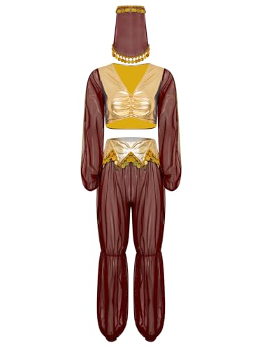 Aislor Damen Arabische Prinzessin Kostüm Halloween Cosplay Set 3-teiliges Bauchtanz kostüm Metallic Patchwork Top mit Mesh Hosen und Schleier Karnevalskostüm Rot S Aislor Damen Arabische Prinzessin Kostüm Halloween Cosplay Set 3-teiliges Bauchtanz kostüm Metallic Patchwork Top mit Mesh Hosen und Schleier Karnevalskostüm Rot S von Aislor