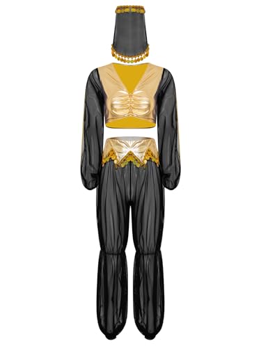 Aislor Damen Arabische Prinzessin Kostüm Halloween Cosplay Set 3-teiliges Bauchtanz kostüm Metallic Patchwork Top mit Mesh Hosen und Schleier Karnevalskostüm Schwarzes Gold XL Aislor Damen Arabische Prinzessin Kostüm Halloween Cosplay Set 3-teiliges Bauchtanz kostüm Metallic Patchwork Top mit Mesh Hosen und Schleier Karnevalskostüm Schwarzes Gold XL von Aislor