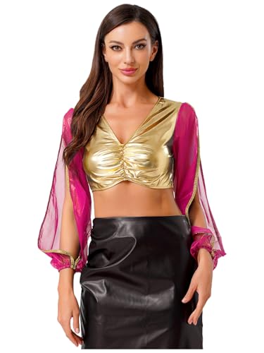 Aislor Damen Arabische Prinzessin Kostüm Metallic Bauchtanz Top Mesh Patchwork Bauchfreie Oberteile Griechisches Tanztop Halloween Karneval Kostüm Hot Pink S von Aislor