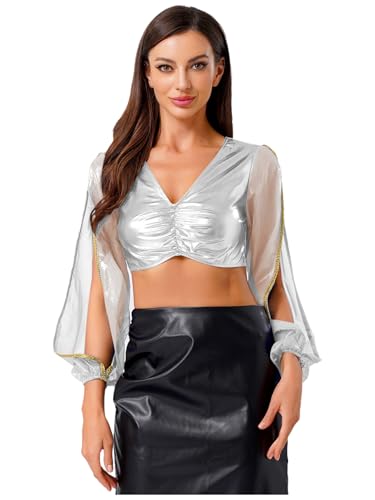 Aislor Damen Arabische Prinzessin Kostüm Metallic Bauchtanz Top Mesh Patchwork Bauchfreie Oberteile Griechisches Tanztop Halloween Karneval Kostüm Weiß XXL Aislor Damen Arabische Prinzessin Kostüm Metallic Bauchtanz Top Mesh Patchwork Bauchfreie Oberteile Griechisches Tanztop Halloween Karneval Kostüm Weiß XXL von Aislor