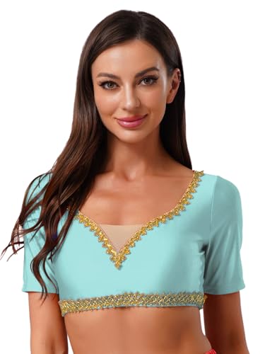 Aislor Damen Bauchtanz Crop Top V-ausschnitt Tanztop Kurzarm Bluse Bauchfreie Oberteile Bauchtanz Kostüm Halloween Karneval Kostüm Mintgrün XL Aislor Damen Bauchtanz Crop Top V-ausschnitt Tanztop Kurzarm Bluse Bauchfreie Oberteile Bauchtanz Kostüm Halloween Karneval Kostüm Mintgrün XL von Aislor