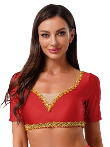 Aislor Damen Bauchtanz Crop Top V-ausschnitt Tanztop Kurzarm Bluse Bauchfreie Oberteile Bauchtanz Kostüm Halloween Karneval Kostüm Rot XXL Aislor Damen Bauchtanz Crop Top V-ausschnitt Tanztop Kurzarm Bluse Bauchfreie Oberteile Bauchtanz Kostüm Halloween Karneval Kostüm Rot XXL von Aislor
