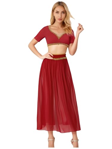 Aislor Damen Bauchtanz Kostüm 2-teiliges Set V-ausschnitt Crop Top und Chiffon Langrock Arabische Prinzessin Kostüm Halloween Cosplay Faschingskostüm Rot M von Aislor