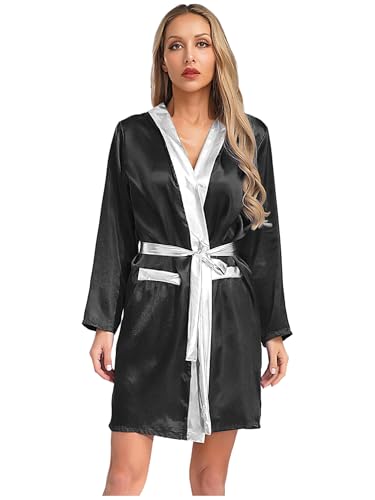 Aislor Damen Boxmantel Boxen Satinmantel Mit Kapuze Boxkampf Kostüm Muay Thai Uniformen Schwingen Kostüm Halloween Karnevalskostüm Black&Silver 40 von Aislor