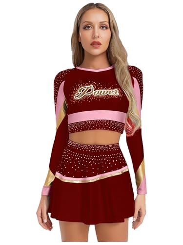 Aislor Damen Cheer Leader Kostüm Glitzer Cheerleading Uniform Crop Top mit Metallic Faltenrock Bauchfrei Oberteile Fasching Clubwear Mottopartys Burgundy XXL Aislor Damen Cheer Leader Kostüm Glitzer Cheerleading Uniform Crop Top mit Metallic Faltenrock Bauchfrei Oberteile Fasching Clubwear Mottopartys Burgundy XXL von Aislor