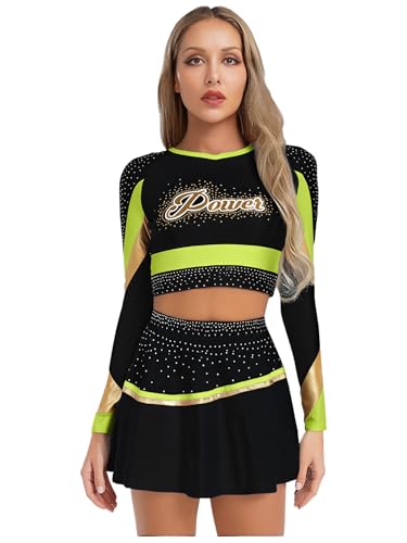 Aislor Damen Cheer Leader Kostüm Glitzer Cheerleading Uniform Crop Top mit Metallic Faltenrock Bauchfrei Oberteile Fasching Clubwear Mottopartys Fluoreszierendes Gelb XXL von Aislor