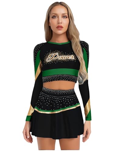 Aislor Damen Cheer Leader Kostüm Glitzer Cheerleading Uniform Crop Top mit Metallic Faltenrock Bauchfrei Oberteile Fasching Clubwear Mottopartys Grün XXL Aislor Damen Cheer Leader Kostüm Glitzer Cheerleading Uniform Crop Top mit Metallic Faltenrock Bauchfrei Oberteile Fasching Clubwear Mottopartys Grün XXL von Aislor