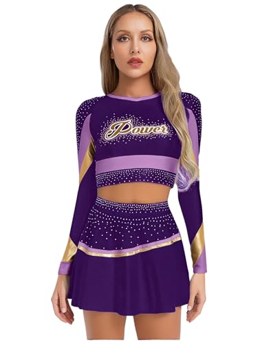 Aislor Damen Cheer Leader Kostüm Glitzer Cheerleading Uniform Crop Top mit Metallic Faltenrock Bauchfrei Oberteile Fasching Clubwear Mottopartys Violett L von Aislor