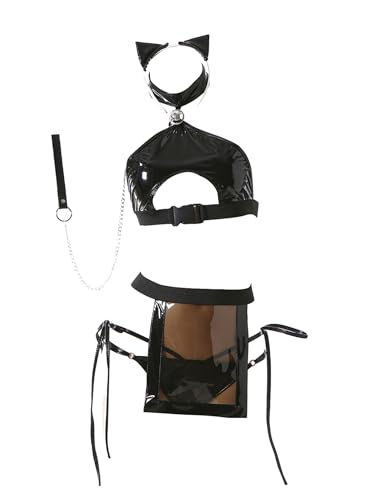 Aislor Damen Cosplay Lingerie Set mit Kätzchenohrenkopfbedeckung Hohlrauch Look Rückenfrei Bra Top und Transparentes Apron für Club Halloween Schwarz Einheitsgröße von Aislor