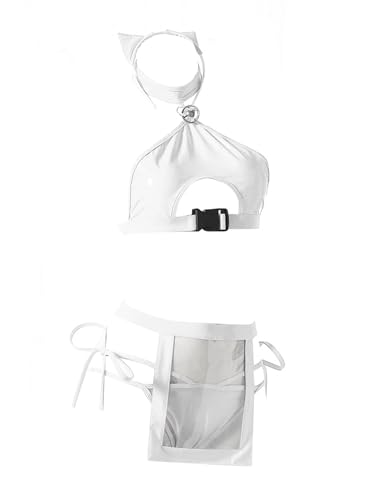 Aislor Damen Cosplay Lingerie Set mit Kätzchenohrenkopfbedeckung Hohlrauch Look Rückenfrei Bra Top und Transparentes Apron für Club Halloween Weiß Einheitsgröße Aislor Damen Cosplay Lingerie Set mit Kätzchenohrenkopfbedeckung Hohlrauch Look Rückenfrei Bra Top und Transparentes Apron für Club Halloween Weiß Einheitsgröße von Aislor