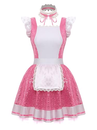 Aislor Damen Dienstmädchen Kostüm Cosplay Maid Kleid Französisches Magd Uniform Ärmellos Paillettenkleid Halloween Faschingskostüm Unterwäsche Rosa XXL von Aislor