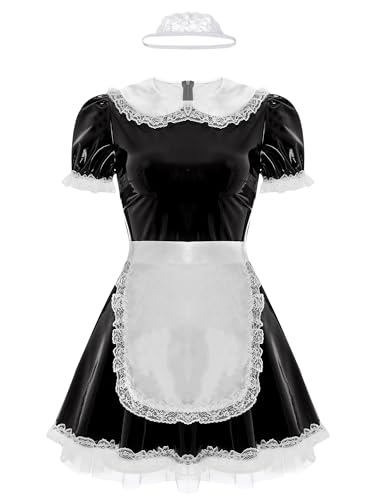 Aislor Damen Dienstmädchen Kostüm Wetlook Lederkleid Maid Kostüm mit Spitze Haarband Minikleid Clubwear Babydoll Halloween Cosplay Kostüm B Schwarz 5XL von Aislor