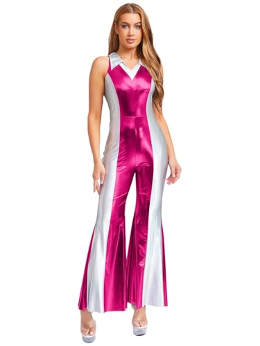 Aislor Damen Disco Kostüm 70er 80er Glitzer Farbblock Jumpsuit mit Schlaghosen Ärmellose V-ausschnitt Bodysuit Halloween Karnevalskostüm Rave Outfit Hot Pink S Aislor Damen Disco Kostüm 70er 80er Glitzer Farbblock Jumpsuit mit Schlaghosen Ärmellose V-ausschnitt Bodysuit Halloween Karnevalskostüm Rave Outfit Hot Pink S von Aislor
