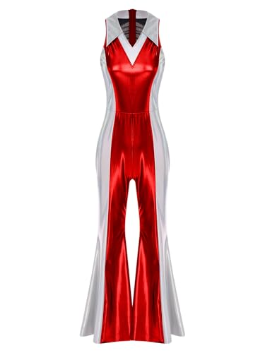 Aislor Damen Disco Kostüm 70er 80er Glitzer Farbblock Jumpsuit mit Schlaghosen Ärmellose V-ausschnitt Bodysuit Halloween Karnevalskostüm Rave Outfit Rot XL Aislor Damen Disco Kostüm 70er 80er Glitzer Farbblock Jumpsuit mit Schlaghosen Ärmellose V-ausschnitt Bodysuit Halloween Karnevalskostüm Rave Outfit Rot XL von Aislor