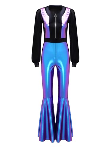 Aislor Damen Disco Kostüm 70er 80er Retro Langarm Disco Jumpsuit Metallic Patchwork Overall Tanzkostüm Halloween Cosplay Karneval Kostüm Blau XXL Aislor Damen Disco Kostüm 70er 80er Retro Langarm Disco Jumpsuit Metallic Patchwork Overall Tanzkostüm Halloween Cosplay Karneval Kostüm Blau XXL von Aislor