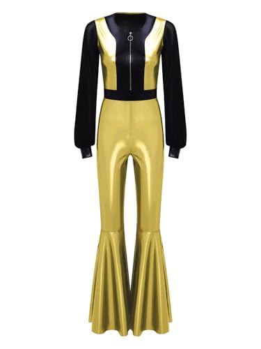 Aislor Damen Disco Kostüm 70er 80er Retro Langarm Disco Jumpsuit Metallic Patchwork Overall Tanzkostüm Halloween Cosplay Karneval Kostüm Gold XXL Aislor Damen Disco Kostüm 70er 80er Retro Langarm Disco Jumpsuit Metallic Patchwork Overall Tanzkostüm Halloween Cosplay Karneval Kostüm Gold XXL von Aislor