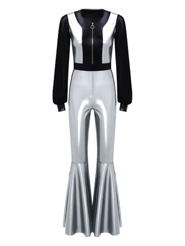 Aislor Damen Disco Kostüm 70er 80er Retro Langarm Disco Jumpsuit Metallic Patchwork Overall Tanzkostüm Halloween Cosplay Karneval Kostüm Silber XL Aislor Damen Disco Kostüm 70er 80er Retro Langarm Disco Jumpsuit Metallic Patchwork Overall Tanzkostüm Halloween Cosplay Karneval Kostüm Silber XL von Aislor