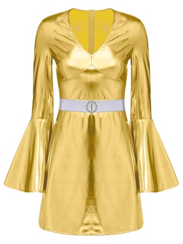 Aislor Damen Disco Kostüm 70er Vintage Disco Kleid Glitzer Metallic Partykleid mit Trompetenärmel Halloween Karneval Kostüm Rave Outfit Clubwear Gold XXL von Aislor