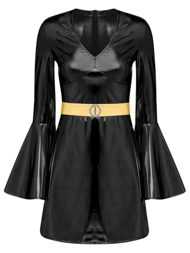 Aislor Damen Disco Kostüm 70er Vintage Disco Kleid Glitzer Metallic Partykleid mit Trompetenärmel Halloween Karneval Kostüm Rave Outfit Clubwear Schwarz XL von Aislor