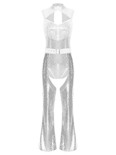 Aislor Damen Disco Kostüm Halloween Glitzer Pailletten Jumpsuit Offener Schritt Overall mit Schlaghosen Hollow Out Bodysuit Faschingskostüm Clubwear Silber S von Aislor