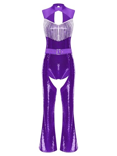 Aislor Damen Disco Kostüm Halloween Glitzer Pailletten Jumpsuit Offener Schritt Overall mit Schlaghosen Hollow Out Bodysuit Faschingskostüm Clubwear Violett L Aislor Damen Disco Kostüm Halloween Glitzer Pailletten Jumpsuit Offener Schritt Overall mit Schlaghosen Hollow Out Bodysuit Faschingskostüm Clubwear Violett L von Aislor