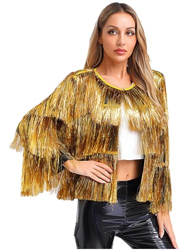 Aislor Damen Glänzende Metallic Jacke Offene Front Langarm Oberteile Rave Outfit Disco Kostüm Clubwear Karneval Kostüm Mottoparty Gold L Aislor Damen Glänzende Metallic Jacke Offene Front Langarm Oberteile Rave Outfit Disco Kostüm Clubwear Karneval Kostüm Mottoparty Gold L von Aislor