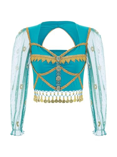 Aislor Damen Glitzer Bauchtanz Crop Top Cut Out Bauchfreie Oberteile Langarm Goldfrische Spitze Arabische Kostüm Prinzessin Cosplay Clubwear Blau XXL von Aislor