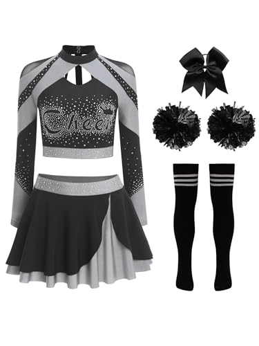 Aislor Damen Glitzer Cheer Leader Kostüm 5-teiliges Farbblock Crop Top mit Strass Minirock Blumenball Socken Haarband Tanzkostüm Faschingskostüm Grau B XXL Aislor Damen Glitzer Cheer Leader Kostüm 5-teiliges Farbblock Crop Top mit Strass Minirock Blumenball Socken Haarband Tanzkostüm Faschingskostüm Grau B XXL von Aislor