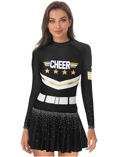 Aislor Damen Glitzer Cheer Leader Kostüm Cheerleading Uniform Outfits Langarm Tanzkleid Halloween Rave Party Karneval Clubwear Schwarz XXL Aislor Damen Glitzer Cheer Leader Kostüm Cheerleading Uniform Outfits Langarm Tanzkleid Halloween Rave Party Karneval Clubwear Schwarz XXL von Aislor