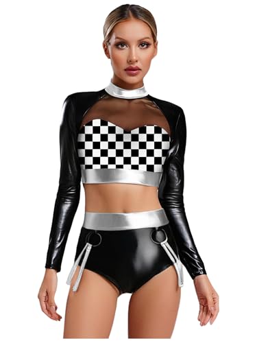 Aislor Damen Glitzer Cheer Leader Kostüm Langarm Crop Top und Metallic Shorts Disco Kostüm Rave Party Faschingskostüm Clubwear Silber XXL von Aislor