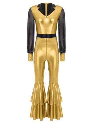 Aislor Damen Glitzer Metallic Disco Kostüm 70er 80er Vintage Overalls mit Schlaghosen Mesh Langarm Tanzkostüm Faschingskostüm Halloween Cosplay Set Gold XXL Aislor Damen Glitzer Metallic Disco Kostüm 70er 80er Vintage Overalls mit Schlaghosen Mesh Langarm Tanzkostüm Faschingskostüm Halloween Cosplay Set Gold XXL von Aislor