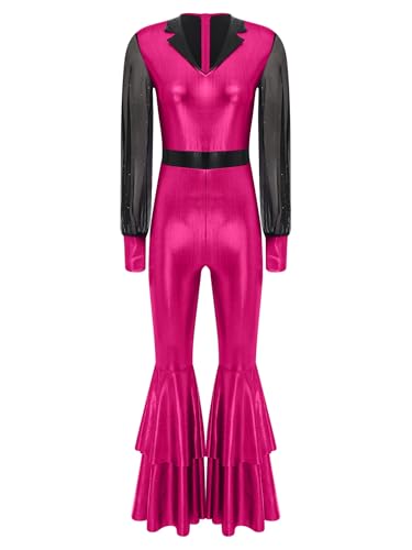 Aislor Damen Glitzer Metallic Disco Kostüm 70er 80er Vintage Overalls mit Schlaghosen Mesh Langarm Tanzkostüm Faschingskostüm Halloween Cosplay Set Hot Pink XL Aislor Damen Glitzer Metallic Disco Kostüm 70er 80er Vintage Overalls mit Schlaghosen Mesh Langarm Tanzkostüm Faschingskostüm Halloween Cosplay Set Hot Pink XL von Aislor