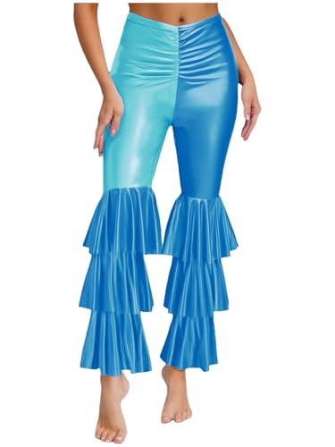 Aislor Damen Glitzer Metallic Schlaghose Retro Hosen mit Rüschen Farbblock Tanzhose Disco Kostüm Halloween Fasching Kostüm Rave Outfit Clubwear Blau L von Aislor