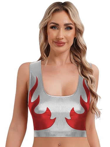 Aislor Damen Glitzer Metallic Tank Tops mit Flammenmuster Bauchfreie Oberteile mit U-ausschnitt Sport Bh Nachtclubs Fasching Kostüm Clubwear Silber&Rot XL Aislor Damen Glitzer Metallic Tank Tops mit Flammenmuster Bauchfreie Oberteile mit U-ausschnitt Sport Bh Nachtclubs Fasching Kostüm Clubwear Silber&Rot XL von Aislor