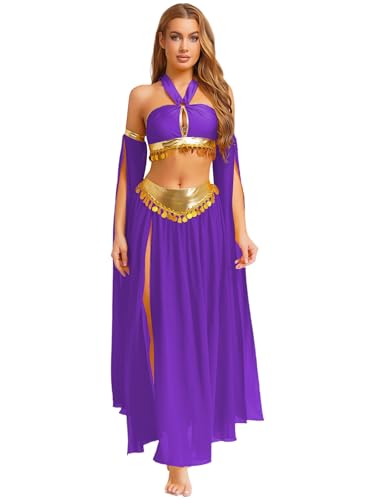 Aislor Damen Glitzer Pailletten Bauchtanz Kostüm Set Rückenfrei Tanztop und Chiffon Rock Arabische Prinzessin Kostüm Karneval Halloween Cosply Set Violett XXL Aislor Damen Glitzer Pailletten Bauchtanz Kostüm Set Rückenfrei Tanztop und Chiffon Rock Arabische Prinzessin Kostüm Karneval Halloween Cosply Set Violett XXL von Aislor