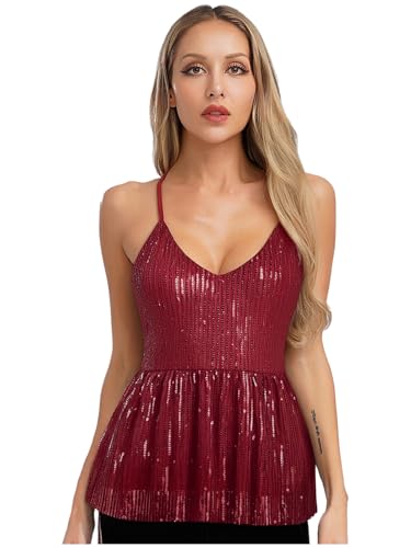Aislor Damen Glitzer Pailletten Top Metallic Oberteile V-Ausschnitt Tanktop Ärmellose Trägerkleid Rückenfrei Minikleid Clubwear Rave Outfit Burgundy XL von Aislor